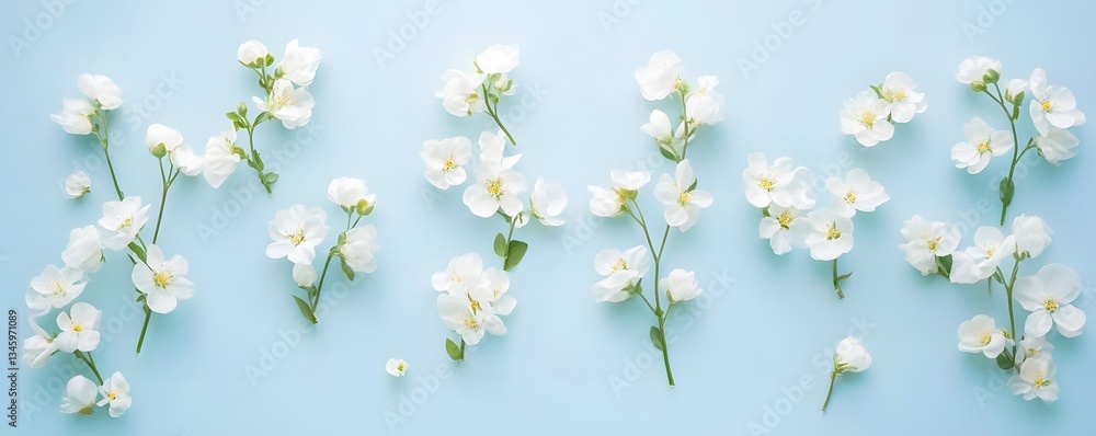 Poster delicate white flowers arranged on a soft blue background creating a serene atmosphere