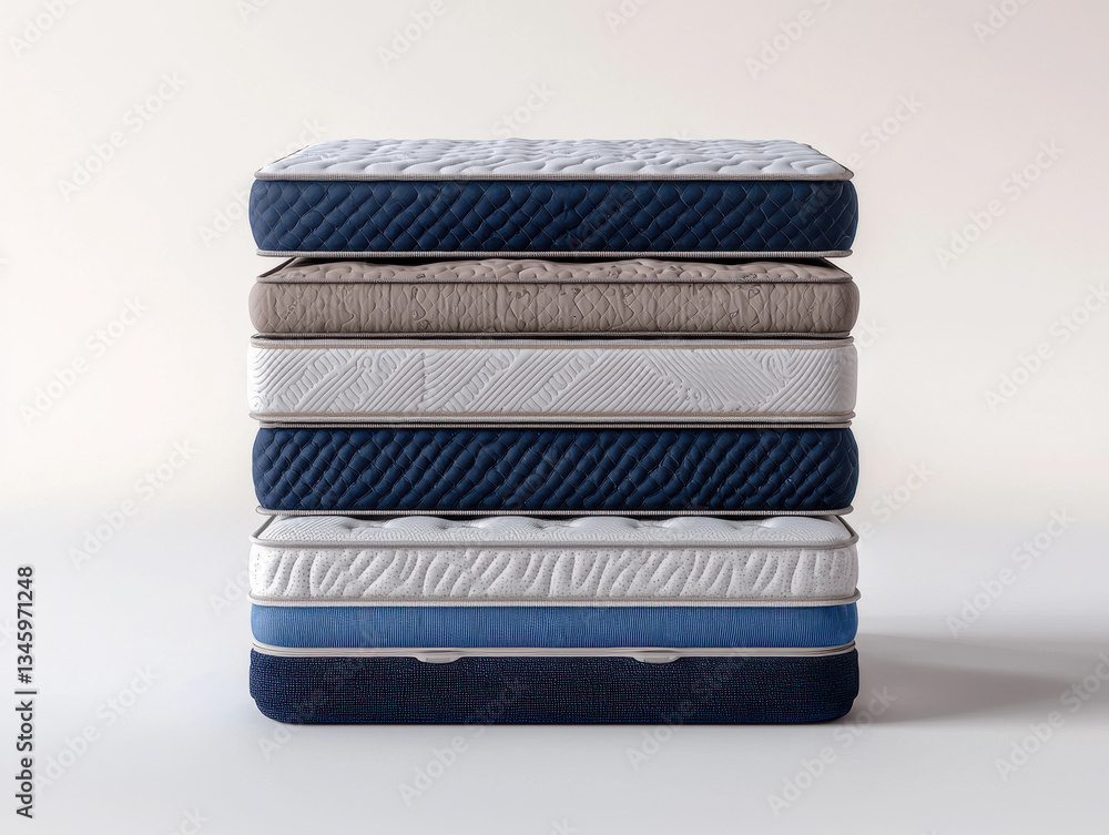 Poster showroom display of various mattress types including memory foam, latex, and innerspring layers