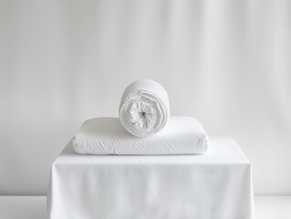 Rolled vacuum-sealed mattress packaged in a clean white box on a smooth floor