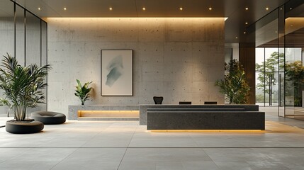 Modern concrete lobby with minimalist design.  Features a reception desk, plants, and large windows