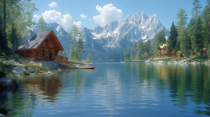 Fototapeta premium Scenic lake with cabins surrounded by mountains and beautiful nature