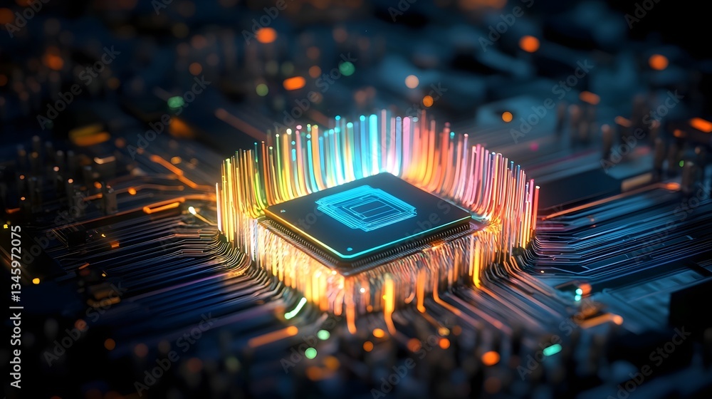 Poster advanced microchip on futuristic circuit board