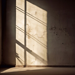A cement wall in an empty room with light streaming in through a window.