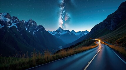 Furka Pass in Switzerland at night with a clear starry sky. The winding mountain road glows under moonlight, casting soft shadows on rugged peaks in this stunning landscape photo.