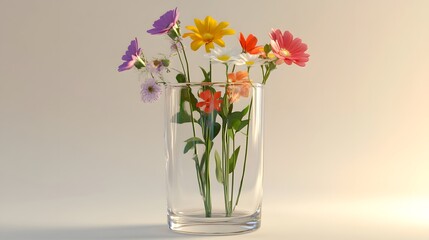 Colorful wildflowers blooming in a glass vase on neutral background