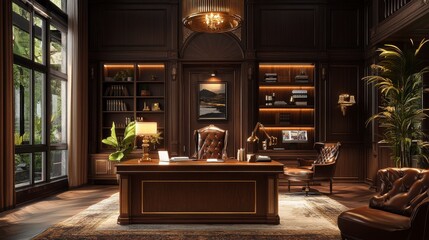 Fototapeta premium Luxurious Dark Wood Study with Large Desk and Leather Chairs
