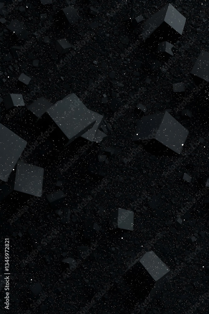 Poster abstract dark background with scattered black cubes and small white particles. ideal for dark themes