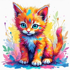 Playful kitten covered in vibrant colors, sitting attentively, on a white background