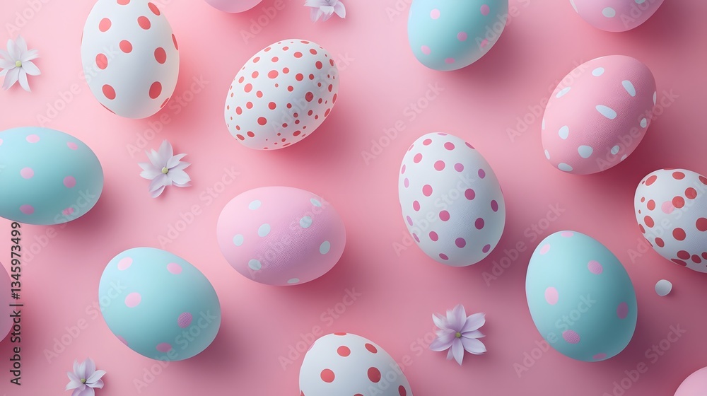 Poster Colorful easter eggs with polka dots forming a pattern on pink background
