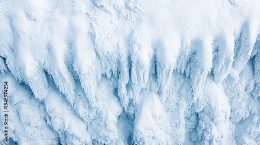 Poster a close-up view of icy textures, featuring sharp ridges and soft snowflakes, creating a serene winte