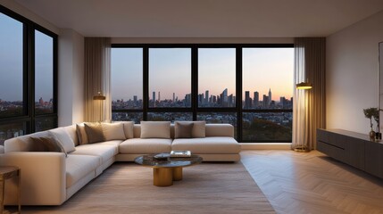 A modern living room with a panoramic city view, featuring a sleek sofa, elegant decor, and a warm ambiance during sunset.