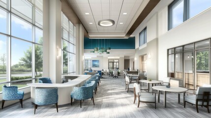 Modern Assisted Living Facility Interior, Spacious Lobby, View of Grounds