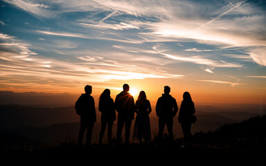 Silhouetted group of people on a hill watching a vibrant sunset. Colorful clouds fill the sky, creating a peaceful atmosphere and scenic view.