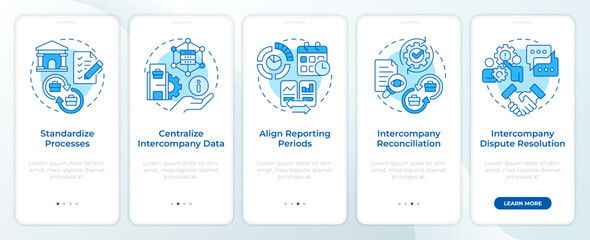 Intercompany accounting blue onboarding mobile app screen. Walkthrough 5 steps editable graphic instructions with linear concepts. UI, UX, GUI template. Montserrat SemiBold, Regular fonts used