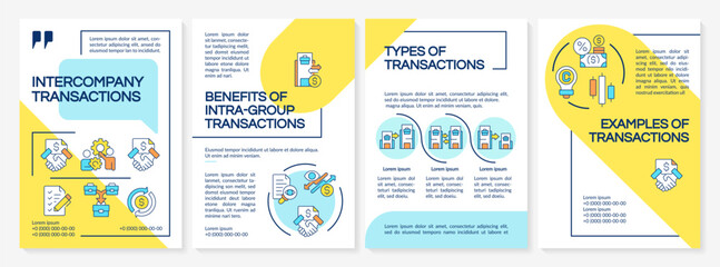 Intercompany transactions blue and yellow brochure template. Financial activities of business. Leaflet design with linear icons. Editable 4 vector layouts. Questrial, Lato-Regular fonts used