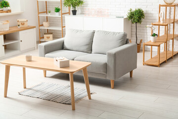 Modern interior of living room with grey cozy sofa and coffee table