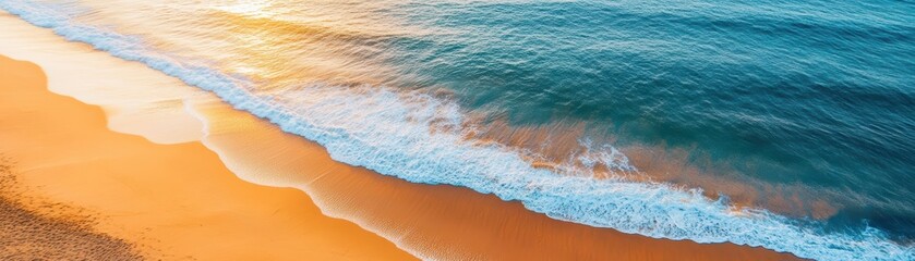 A serene beach scene at sunset, showcasing gentle waves lapping at golden sands under a colorful sky.