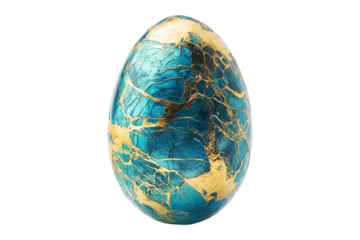 Elegant turquoise egg with intricate gold patterns isolated on white transparent background. Symbol of luxury, Easter, and artistic craftsmanship