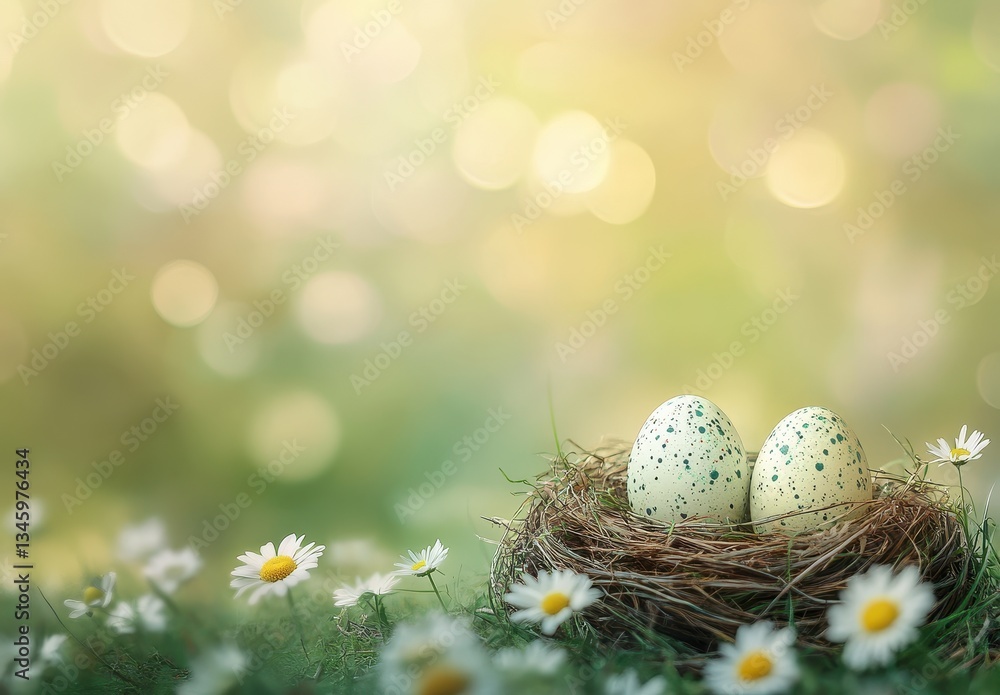 Aufkleber two speckled eggs nestled in a grass and flower encrusted nest with soft bokeh background evoking sp