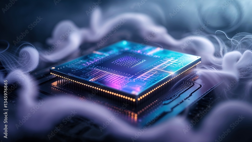 Poster modern microprocessor surrounded by mist, showcasing intricate circuitry and vibrant colors at a hig