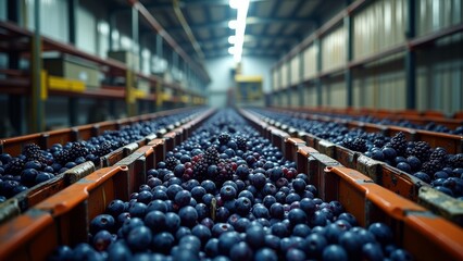 Fototapeta premium A warehouse with a conveyor belt transporting blueberries