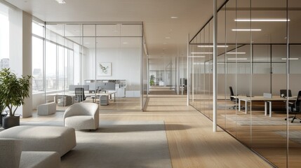 Modern office space, glass partitions, city view, open workspace, for business presentation