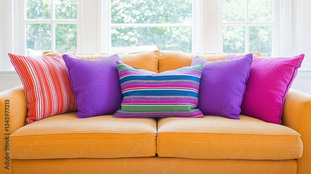 Poster a bright yellow couch adorned with colorful pillows in various patterns, creating a cheerful and inv