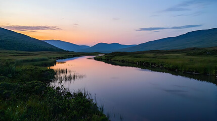Fototapeta premium Reflective River Landscape At Sunset With Tranquil Mountain Backdrop And Calm Evening Sky