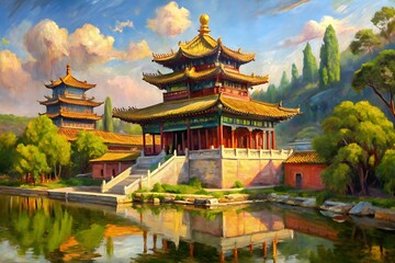 Naklejka premium Painting of a Chinese palace with a pond in front of it