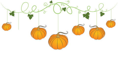 Hanging Pumpkins Garland with Vines – Autumn and Halloween Vector Illustration