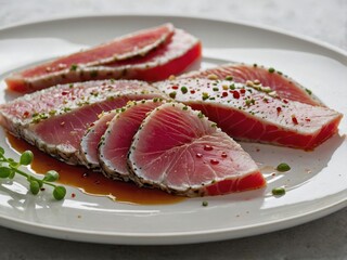 A pristine white plate featuring thin, delicate slices of fresh tuna