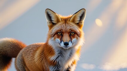 Fototapeta premium Fox stands gracefully in soft sunlight against a blurred background in a serene natural setting