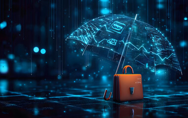 Digital Shield: A futuristic digital umbrella, formed by interconnected lines and glowing nodes, shields a briefcase and business graphs, signifying protection and security in the digital age.
