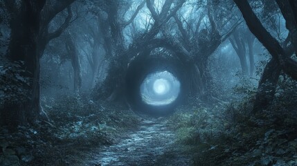 A path leads to a glowing tunnel created by trees in a dark, misty forest. Use for fantasy art, book covers, or conveying themes of mystery and journeys.
