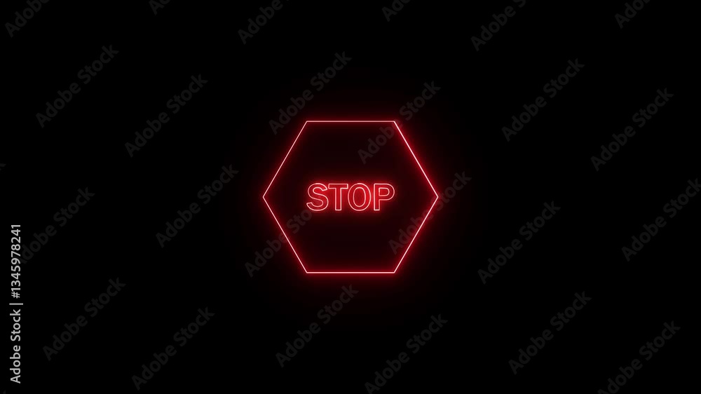 Poster editable glowing neon stop text animation with light effect on black background.