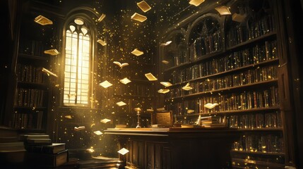 Fototapeta premium Magical Library Golden Light and Floating Pages in Gothic Setting
