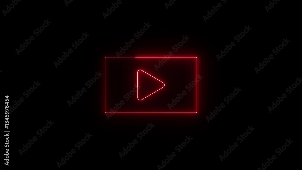Poster neon play button animation. glowing triangle inside a neon rectangle frame on a black background.