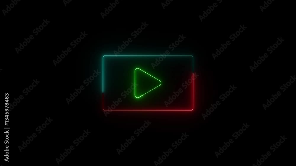 Poster neon play button animation. glowing triangle inside a neon rectangle frame on a black background.