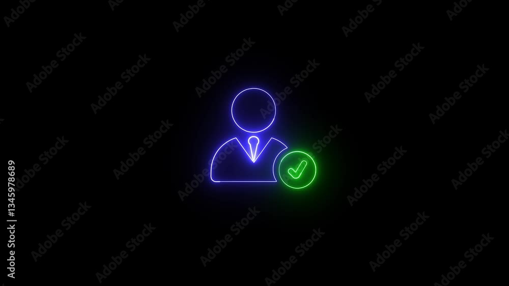 Poster user verification profile icon. neon glowing check mark symbol for account approval and identity con