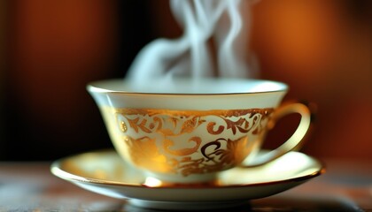 Fototapeta premium Elegant tea cup with golden pattern and steam for cozy dining experiences