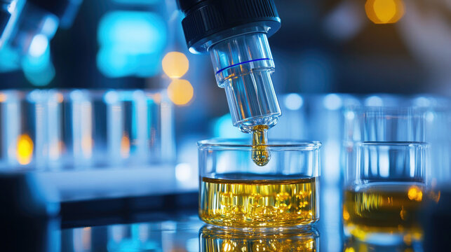 A microscope hovers above a glass container filled with a golden liquid, preparing to analyze samples in a vibrant lab setting filled with various glassware and glowing lights