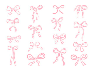 Lined Hand Drawn Pink Ribbon Bows. A delicate collection of hand-drawn pink ribbon bows with various styles. Ideal for wedding invitations, packaging, branding, and decorative elements