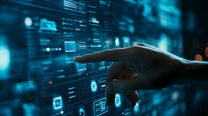 A Hand Gently Exploring A Futuristic Digital Landscape Of Glowing Blue Data Streams And Interactive Interfaces With A Cool, Dark Ambiance