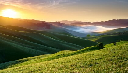 Naklejka premium serene landscape of rolling green hills at sunrise with dew covered grass