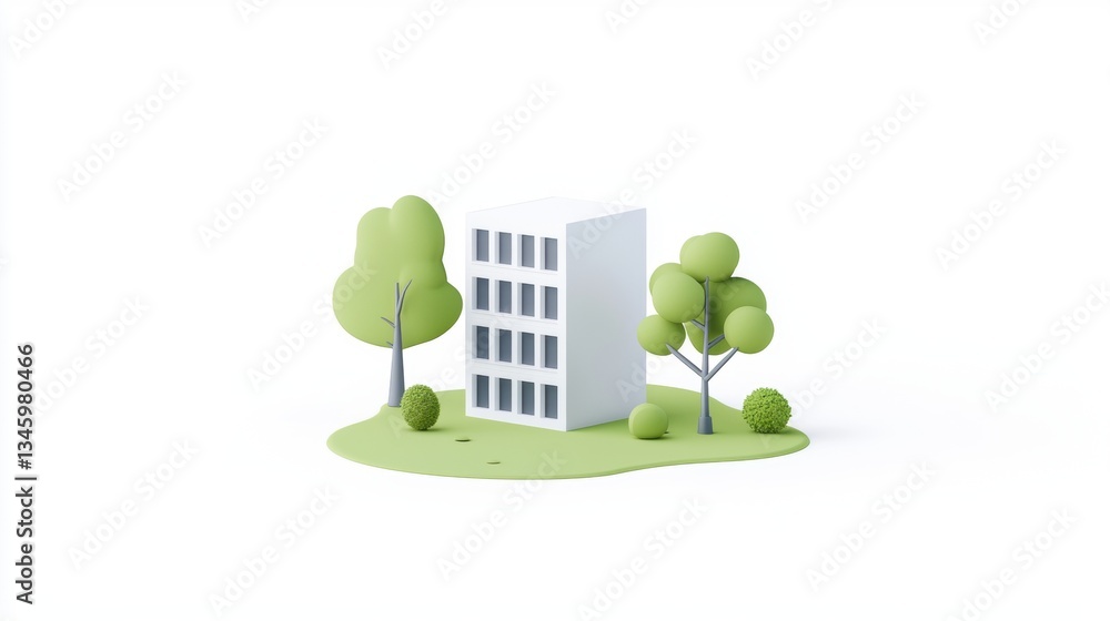 Aufkleber futuristic business building surrounded by sleek greenery and trees in a modern design setting