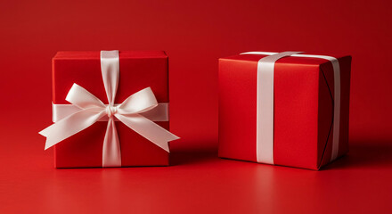 Two Elegant Red Gift Boxes with White Ribbons on Red Background Holiday Presents