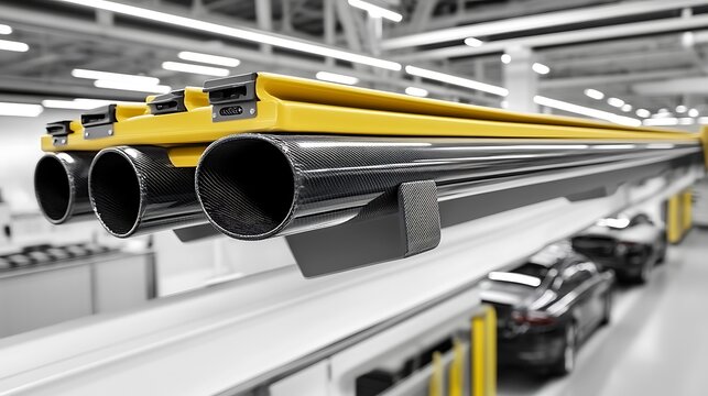 Three carbon fiber exhaust pipes with a yellow supporting structure