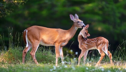 Obraz premium white tailed deer odocoileus virginianus licks her fawn