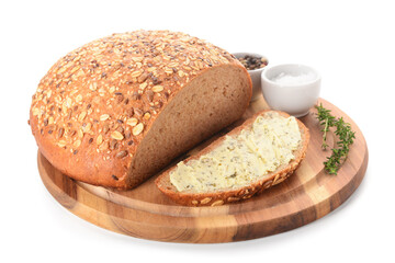 Wooden board of bread slice with fresh butter, peppercorn and salt on white background