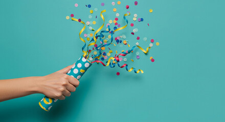 Festive Celebration Hand Holding Confetti Popper with Colorful Streamers and Circles